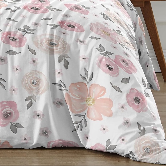 Floral Pink and Gray Bedding Set - Picture 2 of 5